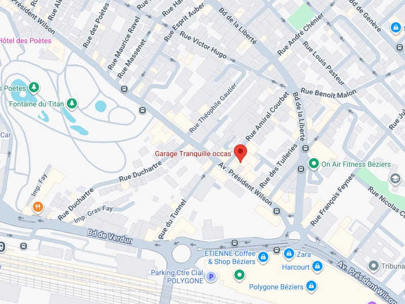 Garage Tranquille Béziers : Carte et accès Avenue Wilson. Carte de Béziers centrée sur le Garage Tranquille occas' près de l'Av. Président Wilson, Bd de Verdun et le Jardin des Poètes.