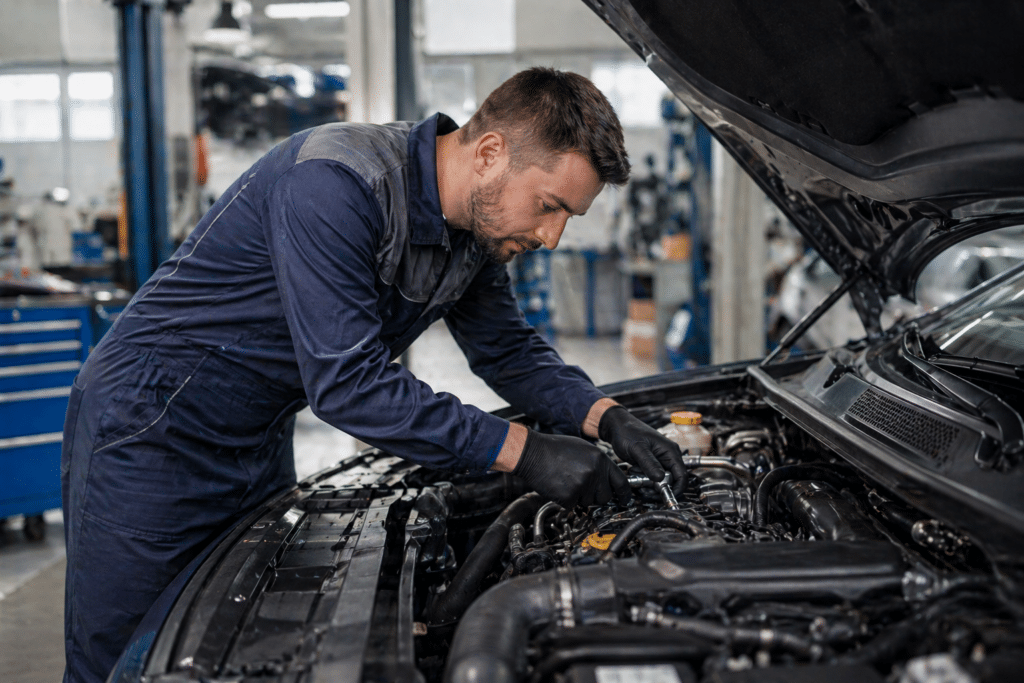 Mécanicien réparant avec précision le moteur d'une voiture dans un garage automobile professionnel.