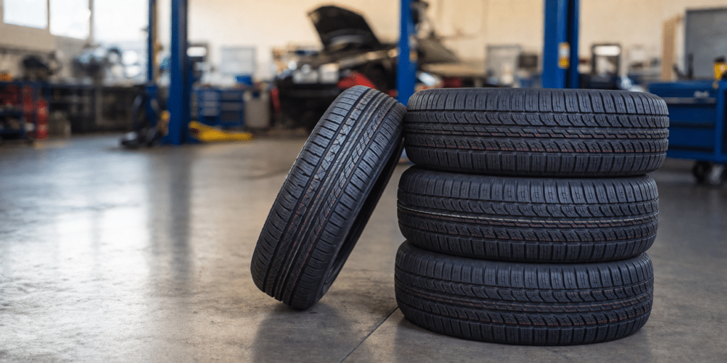 Quatre pneus neufs empilés dans un garage automobile professionnel avec un atelier flou en arrière-plan.